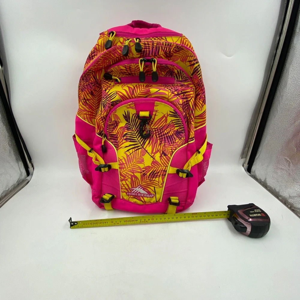 High Sierra Backpack Pink Yellow Tropical Palm Leaf Print Multi-Pocket 18in